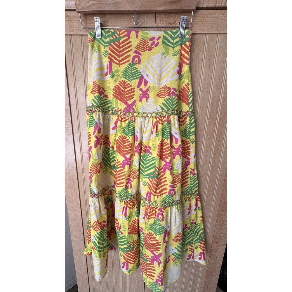 CK Bradley Colorful Yellow Maxi Skirt Tiered Tropical Floral Sz XS Cotton Blend - Picture 4 of 4